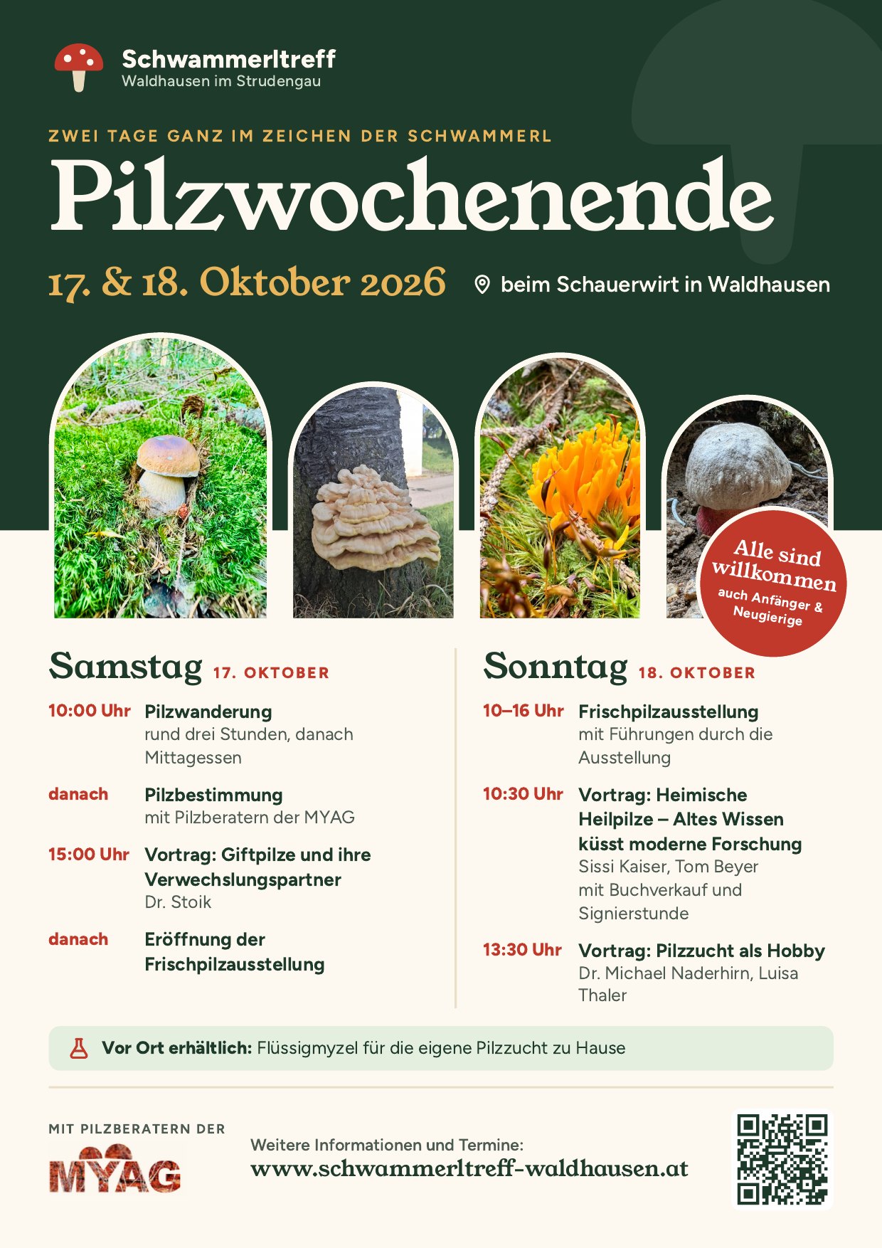 Plakat: Pilzwochenende am 17. und 18. Oktober 2026 beim Schauerwirt in Waldhausen – Pilzwanderung, Pilzbestimmung, Frischpilzausstellung und Vorträge